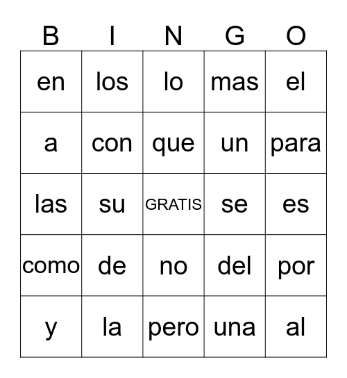 Palabras 1-25 Bingo Card