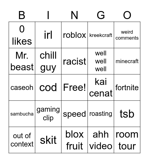 yt shorts bingo Card