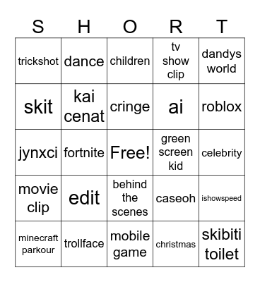 yt shorts Bingo Card