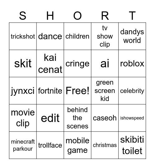 yt shorts Bingo Card