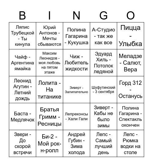 Музыкальное Лото Bingo Card