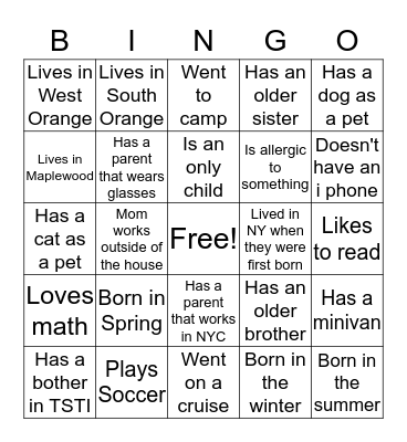 Getting to know you Bingo Card