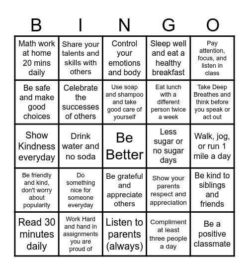 New Year's Resolutions Bingo Card