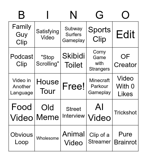 Youtube Shorts Bingo Card