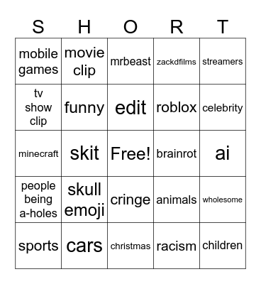 youtube Bingo Card