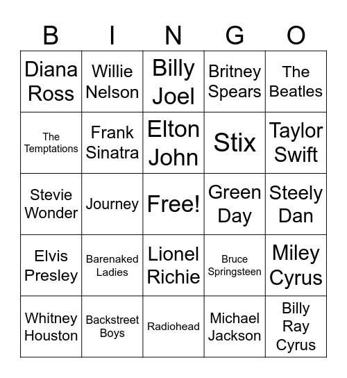 Name the Artist Bingo Card