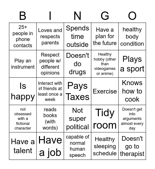 Normal Human Bingo Card
