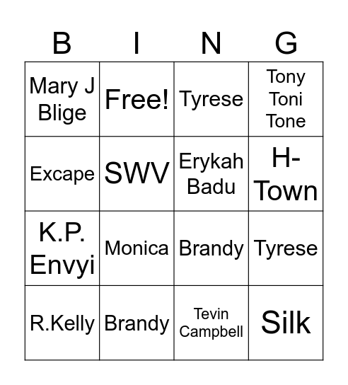 R&B Mix Bingo Card