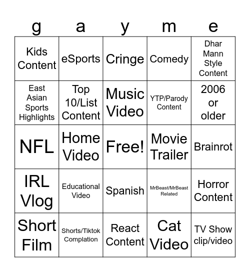 ghub yt bingo Card