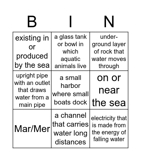 Aqua/Aqu, Hydr, Mar/Mer Bingo Card