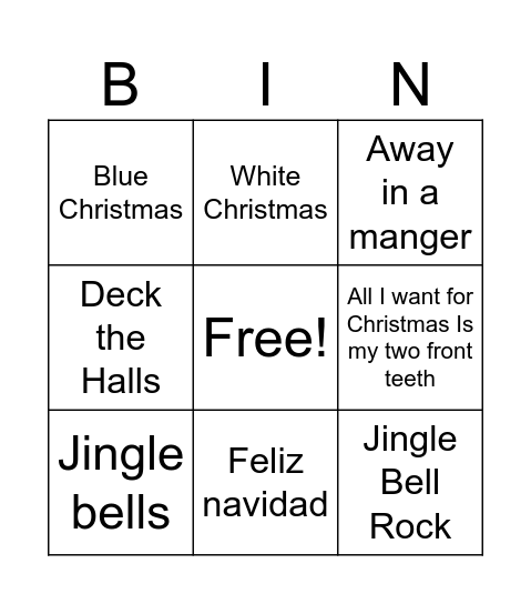 Christmas song Bingo Card