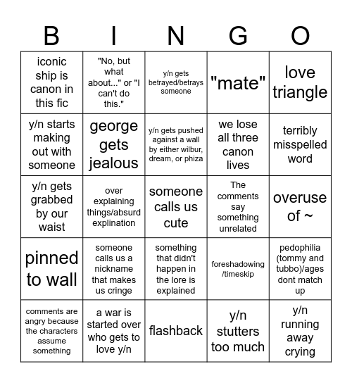 y/n x dsmp fanfic Bingo Card