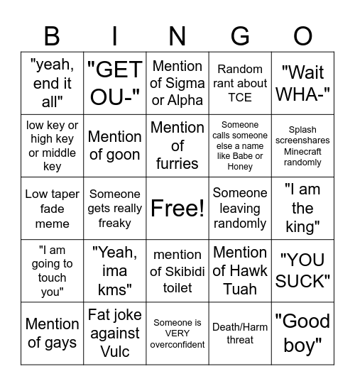 Skibidi squad card (for a friend group) Bingo Card