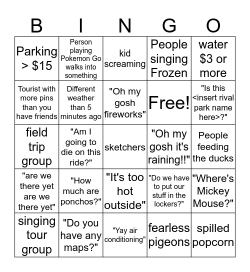 General Florida Theme Park Bingo Card