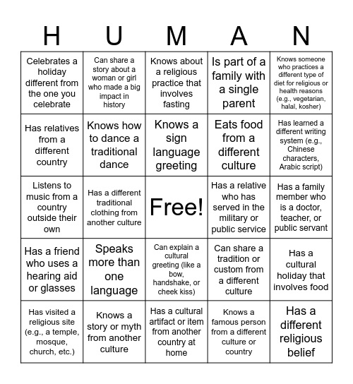 Diversity Bingo Card