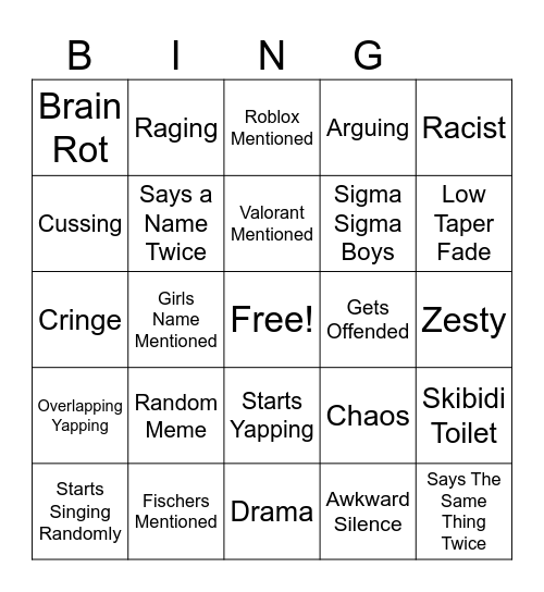 The Boys Discord Bingo Card