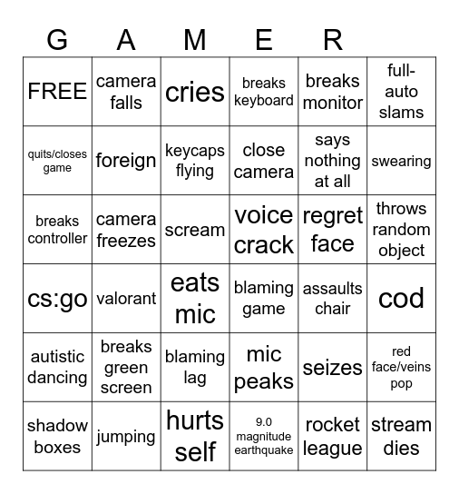 GAMER RAGE BINGO Card