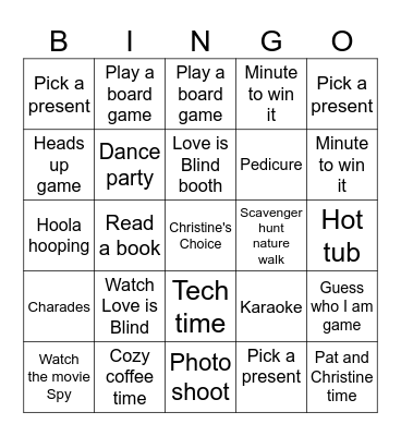 Christine's Party Boredom Buster Bingo Card