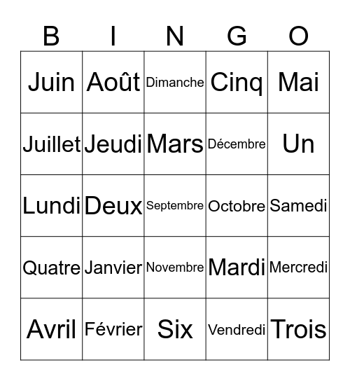 Les jours/Les mois/Les chiffres Bingo Card