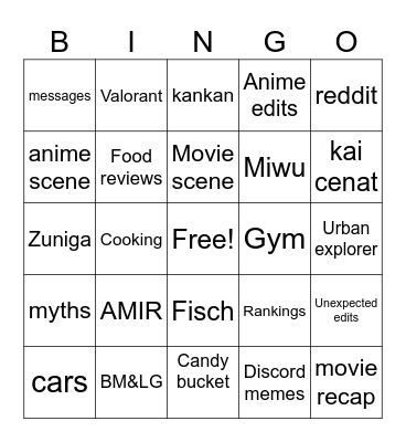 YT shorts bingo Card