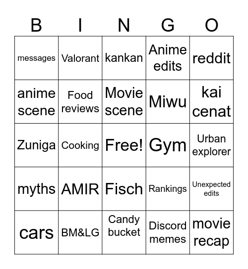 YT shorts bingo Card