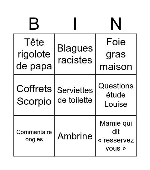 Repas de Noyel Bingo Card