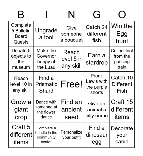 Stardew Bingo Card