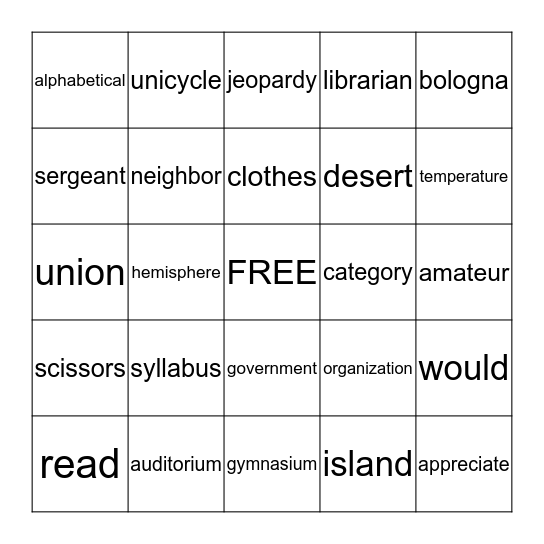 Multisyllabic Bingo Card