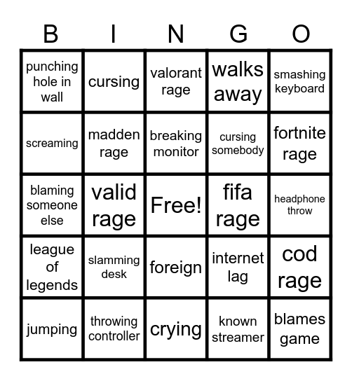 gamer rage bingo Card