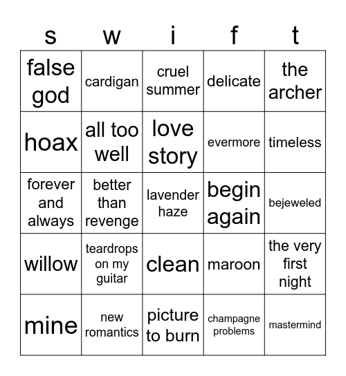 swiftie bingo!! Bingo Card