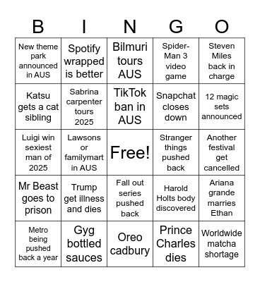 Prediction Bingo Card