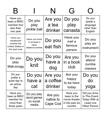 Getting to know you Bingo Card