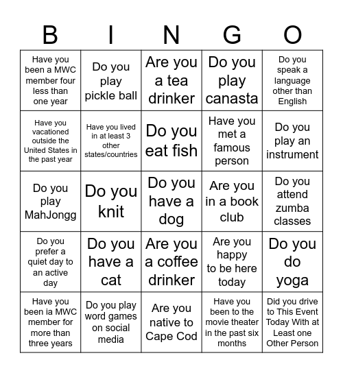 Getting to know you Bingo Card