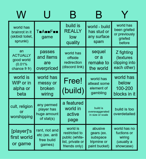 wubby bingo advanced Bingo Card