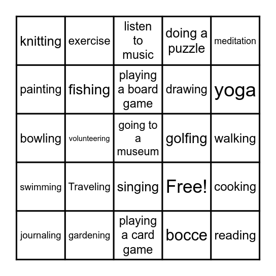 Leisure Bingo Card