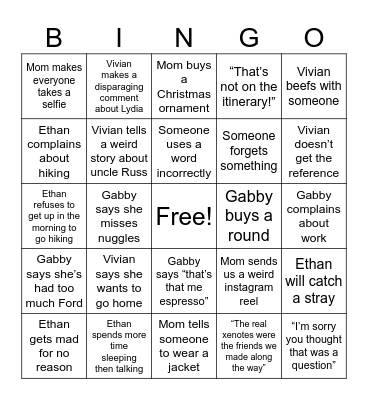 Arizona Trip Bingo Card