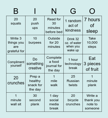 Team Russell Healthy Habits 2025 Bingo Card