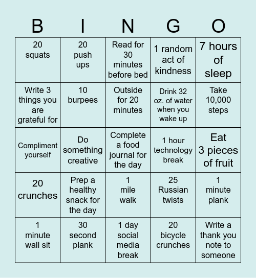 Team Russell Healthy Habits 2025 Bingo Card