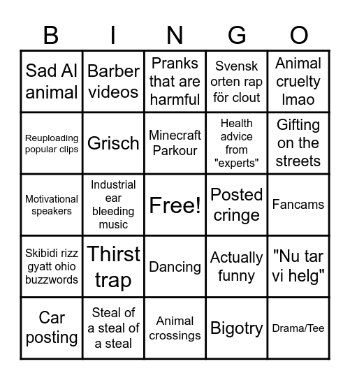 Tiktok Bingo Card