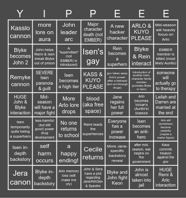 Uno Season 3 Predictions Bingo Card