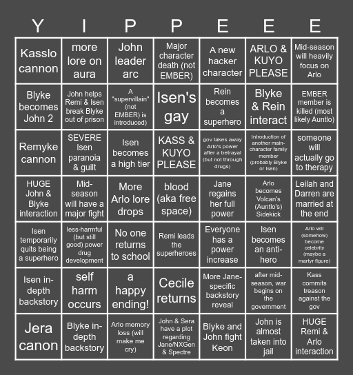 Uno Season 3 Predictions Bingo Card