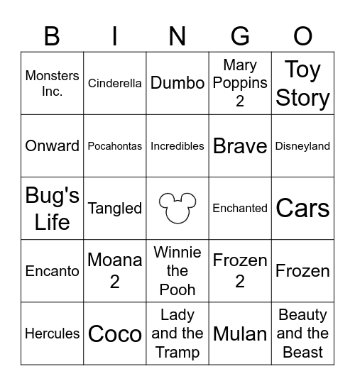 Burkhead Family Disney Song Bingo Card