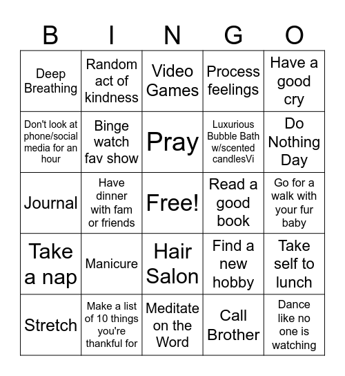 Self-Care Bingo Card
