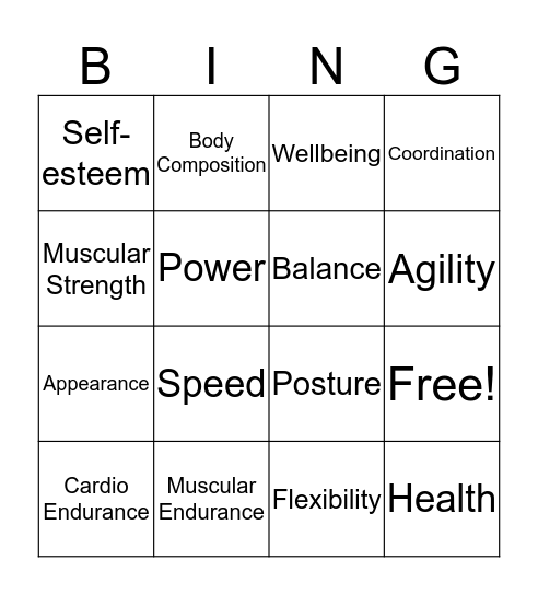 Benefits of Physical Activity Bingo Card