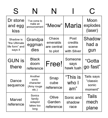 Sonic 3 Bingo Card
