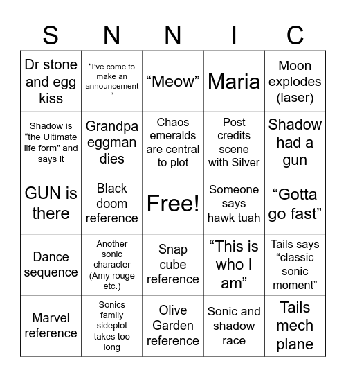 Sonic 3 Bingo Card