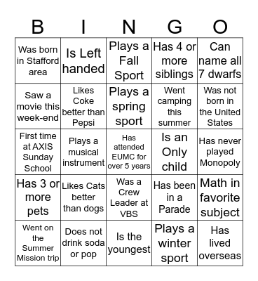 AXIS Sunday School Bingo Card