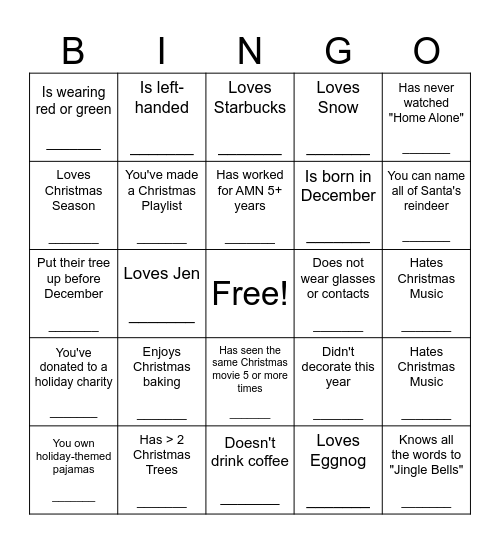 Jingle Mingle Bingo Card