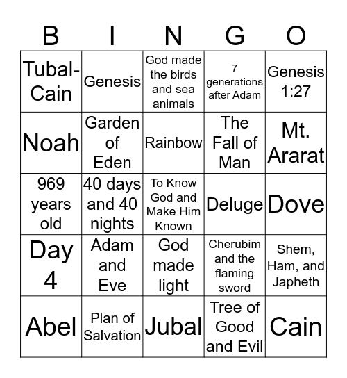 Genesis Chapters 1-9 Bingo Card