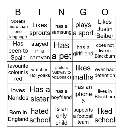 GCSE English People Bingo Card